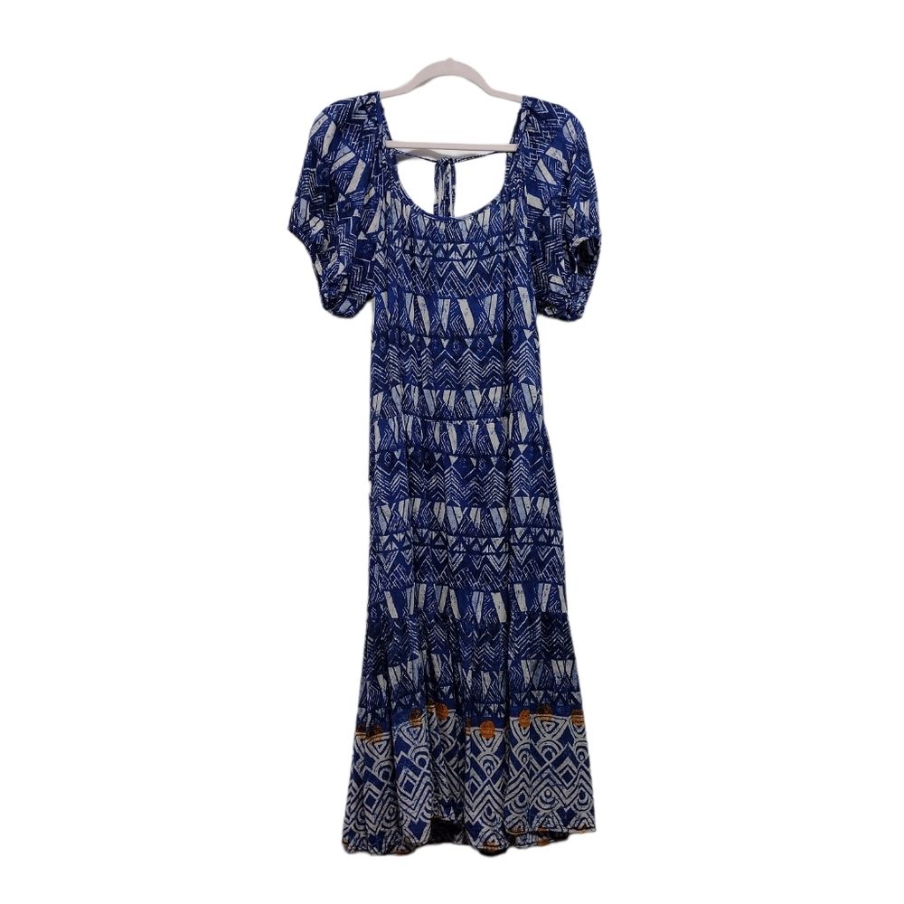 Knox Rose Puff Short Sleeve Tiered Dress Blue Paisley Beach Prairie Size L - Picture 7 of 10